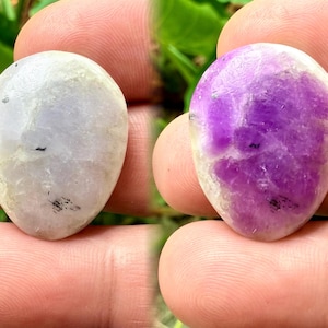 May include: Two heart-shaped stones, one white with black veins and one purple with white veins.