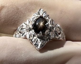 Natural Star Black Sapphire (Untreated)  Silver Ring 925