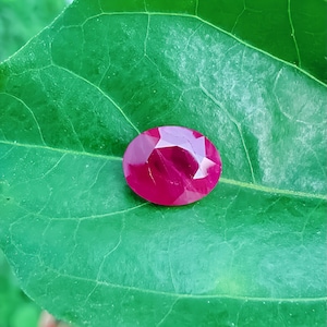 May include: A faceted, oval-shaped ruby gemstone, displaying a deep red hue. The gem is set against a vibrant green leaf, highlighting its color and brilliance. The ruby's cut creates multiple facets that reflect light.