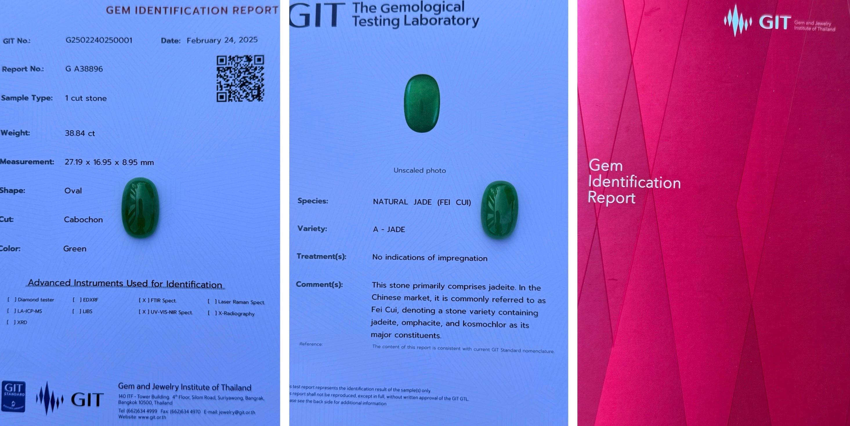 Certified GIT Report NO G A38896 Type A 38.84 Carats Green Certified GIT Report NO G A38896 Type A 38.84 Carats Green