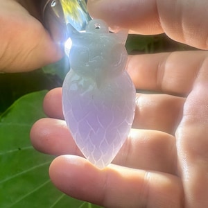 Lavender Jade Owl Pendant: Translucent Carved Jadeite