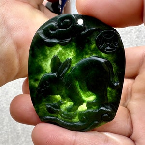 107.50 Carats Carving Rabbit Black Green Pendant Translucent Jade Burmese,Black Jadeite Jade (Untreated)