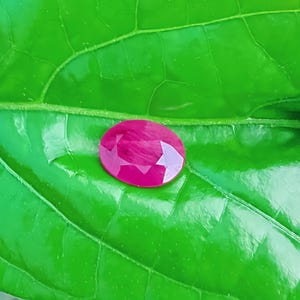以下が含まれることがあります： 鮮やかな緑色の葉の上に、ファセット加工された楕円形のルビーの宝石が置かれています。 ルビーは、光を反射する明るいファセットを持つ深い赤色を示しています。 葉の質感と葉脈が見え、自然なコントラストを生み出しています。