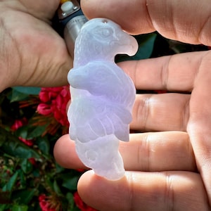 203.50 Carats Type A Lavender Grass Translucent Jade Burmese three headed bird carving pendant,Lavender Jadeite carved,lavender jade pendant