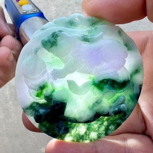 200.50 Carats Type A Two Color Jade green and Lavender Grass Translucent Jade Burmese Rabbit carving pendant,Lavender Jadeite Jade carved