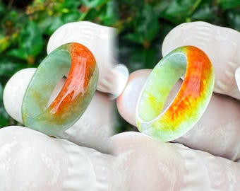 Type A Jadeite Jade Ring: Two-Tone Brown & Green Burmese Band, Size 6.5