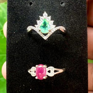 Emerald and Ruby Ring Set: Gemstone Statement Rings, Size 7