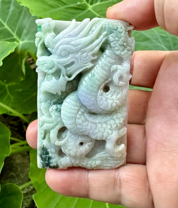 Carved Jade Dragon Pendant: Green Jadeite Burma Gemstone