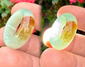 Type A Jadeite Jade Ring: Two-Tone Brown & Green Burmese Jade, Size 6