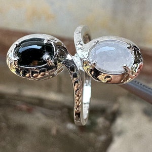 Yinyang Two Color White&Black jade silver ring 925