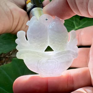 217.50 Carats type A Lavender Grass Translucent Jade Burmese fish carving pendant,Lavender Jadeite Jade carved