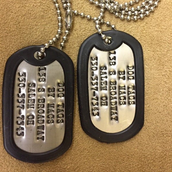 2 Military Issue Standard Dog Tags 18 spaces Personalized set with Silencers and Chains