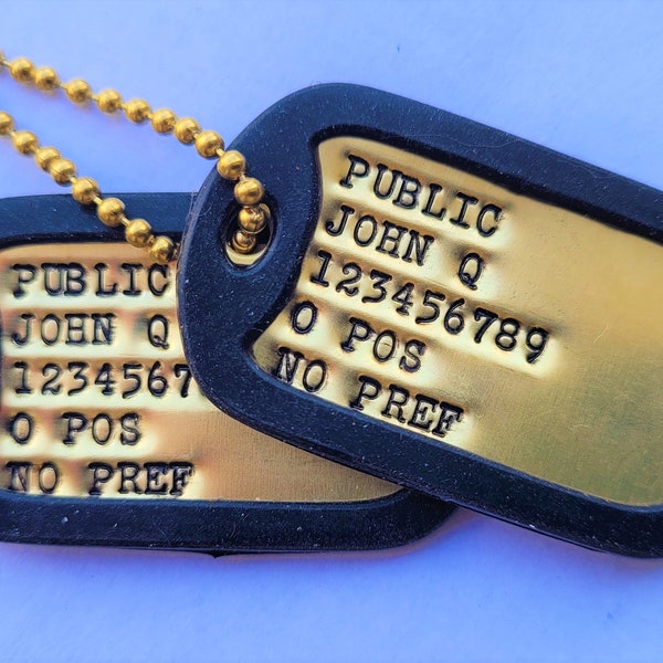 2 Brass Military Dog Tags Debossed w/ 2 silencers