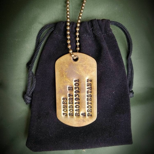 Antiqued Set Brass Dog Tags  on WW 2 Machine. Black Velveteen Gift Pouch Inc. OR red option  OR soft tan burlap.