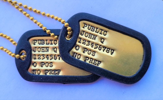 2 Brass Military Dog Tags Debossed w/ 2 silencers