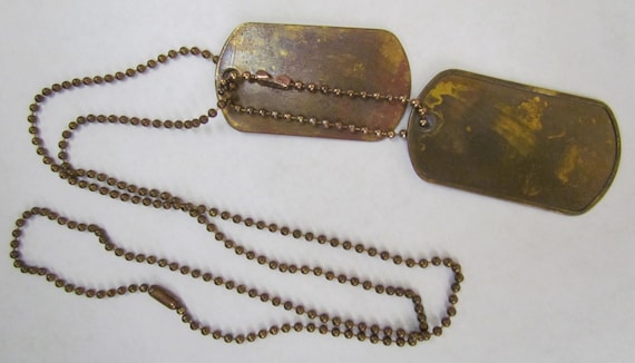 2 Aged BRASS DOG TAGS  18 letter line w/ Aged brass chains - made on Classic World War 2 machine.