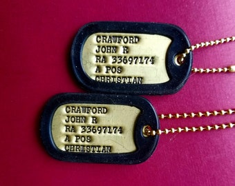 2 Brass Dog Tags w/ Brass Ball Chains and silencers-Personalized-Customized & Debossed