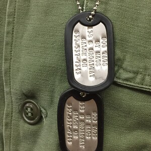 2 Military Standard Dog Tags 18 Letter Line- 5 lines Customized and Personalized set with Silencers and Chains - Army Navy USMC Air Force