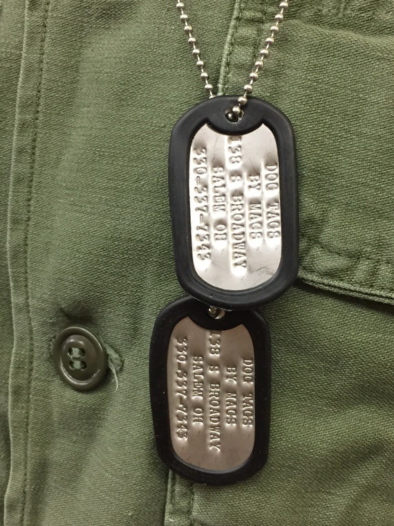 2 Military Standard Dog Tags 18 Letter Line- 5 lines Customized and Personalized set with Silencers and Chains - Army Navy USMC Air Force
