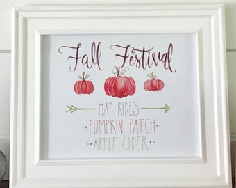 Fall Printable - Fall Festival Print, Hay Rides, Pumpkin Patch, Apple Cider Print, Handlettering Print, Watercolor Print, Home Decor Print