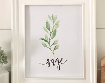 Watercolor Sage Printable - Kitchen Herb Print, Kitchen Watercolor Print, Handlettering Print, Watercolor Print, Home Decor Print