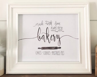 Bakery Watercolor Printable - Made with Love Print, Kitchen Watercolor Print, Handlettering Print, Watercolor Print, Home Decor Print