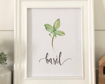 Watercolor Basil Printable - Kitchen Herb Print, Kitchen Watercolor Print, Handlettering Print, Watercolor Print, Home Decor Print