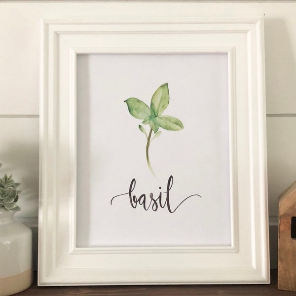 Watercolor Basil Printable - Kitchen Herb Print, Kitchen Watercolor Print, Handlettering Print, Watercolor Print, Home Decor Print