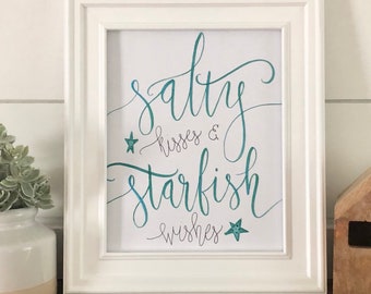 Salty Kisses and Starfish Wishes Printable - Summer Beach Watercolor Print, Handlettering Print, Watercolor Print, Beach House Print