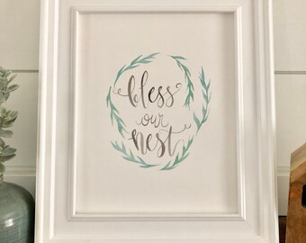 Bless Our Nest Printable - Bless Our Nest Print, Handlettering Print, Watercolor Print, Home Decor Print