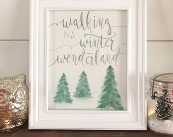 Christmas Printable - Evergreen Trees Print, Walking in a Winter Wonderland Print, Watercolor Christmas Printable, Digital Download