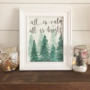 Christmas Printable Evergreen Trees Prints, All is Calm, All is Bright Print, Watercolor Christmas Printable, Digital Download image 1