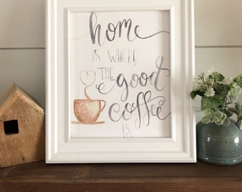 Coffe Printable - Home Is Where The Good Coffee Is Print, Handlettering Print, Watercolor Print, Home Decor Print