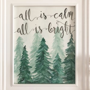 Christmas Printable Evergreen Trees Prints, All is Calm, All is Bright Print, Watercolor Christmas Printable, Digital Download image 2