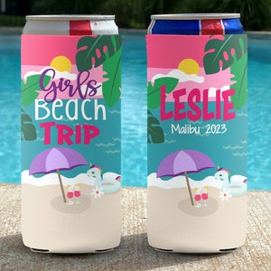 Personalized Slim Can Coolie - Girly Beach Slim Can Coolers - Girls Weekend - Bachelorette Party or Birthday Party
