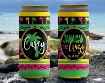 Personalized Slim Can Coolie - Jamaica Vacation Slim Can Coolers - Slim Can Coolers Jamaican Me Crazy PINK