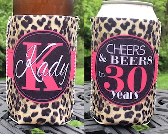 Birthday insulated can / bottle coolers - Cheers and Beers to 21, 30, 40, 50 Years - Leopard Print Party Favors
