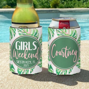 Beach Vacation / Bachelorette Party  / Girls Beach Trip Pastel Tropics insulated can bottle coolers.  Personalized. Girls Weekend