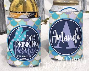 Mermaid Bachelorette Party Girls Beach Trip insulated can bottle coolers party favors Personalized Day Drinking in Paradise Lavender Aqua