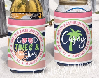 Coral, Navy and Peachy Striped Bachelorette Party  / Vacation Insulated can bottle coolers  Good Times and Tan Lines. Personalized