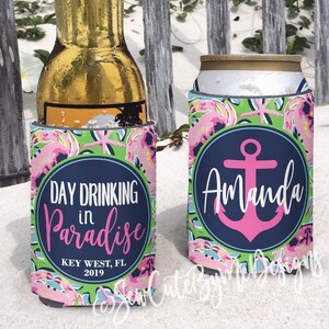 Pink Crabs Bachelorette Party  / Girls Beach Trip. insulated can bottle coolers  Personalized. Day Drinking in Paradise.