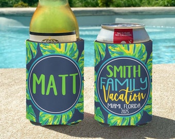 Family Beach Vacation Insulated can bottle coolers Beach Palms. Personalized. Beach Party Favors