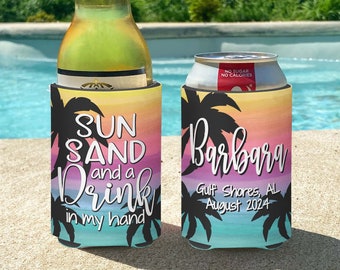 Sun Sand and a Drink in My Hand Personalized Insulated can bottle coolers Beach Vacation - Watercolor Sunset with Palms Beach Coolie