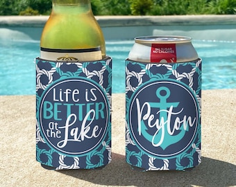 Life is Better at the Lake Personalized Insulated can bottle coolers  Lake Vacation - Lake Life - Nautical Rope with Anchor