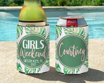 Beach Vacation / Bachelorette Party  / Girls Beach Trip Pastel Tropics insulated can bottle coolers.  Personalized. Girls Weekend