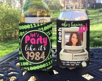 Custom 80s Birthday Party Photo Coolies: Personalized Can & Bottle Coolers