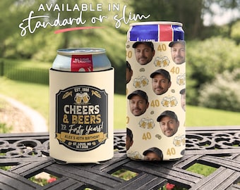 Personalized Birthday Can Cooler: Photo Party Favors, Cheers and Beers to the Years - Slim or Standard