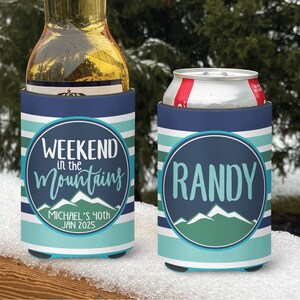 Mountain vacation Snow Ski Themed insulated can/bottle coolers - Weekend in the Mountains Ski Coolies - personalized - Vacation Coolies