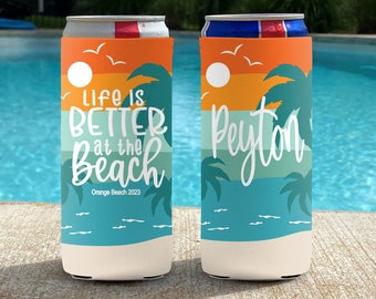 Personalized Slim Can Cooler: Beach Vacation Party Favor Drink Coolies