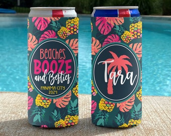 Personalized Beach Vacation Slim Can Coolies Girls Trip Slim Bachelorette Birthday Party Can Coolers Pink Pineapples Beaches Booze Besties